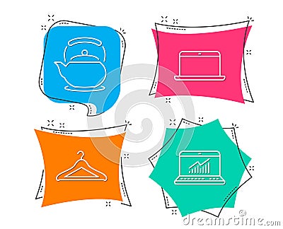 Laptop, Teapot and Cloakroom icons. Online statistics sign. Mobile computer, Tea kettle, Hanger wardrobe. Vector Illustration
