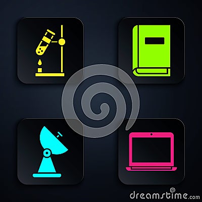 Set Laptop, Test tube flask on fire, Radar and User manual. Black square button. Vector Vector Illustration