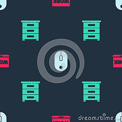 Set Laptop with text work, Computer mouse and Drawer documents on seamless pattern. Vector Vector Illustration
