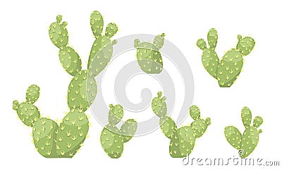 Set of large green cacti Opuntia. Plant of America. Vector Illustration