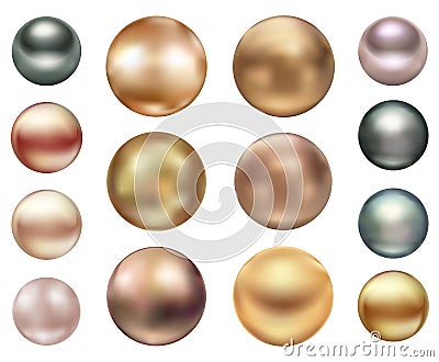 A set of large sea pearls of different colors Vector Illustration