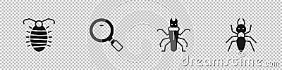 Set Larva insect, Magnifying glass, Termite and Ant icon. Vector Vector Illustration