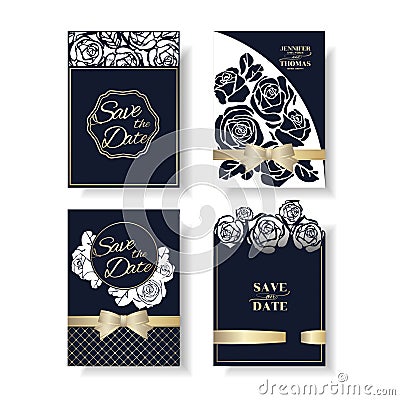 Set of Laser Cut rose shape Wedding Invitation Card. Navy Blue Rose Concept. Vector Illustration