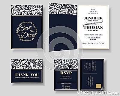 Set of Laser cut Wedding Invitation Card. Rose Shape. Vector Illustration