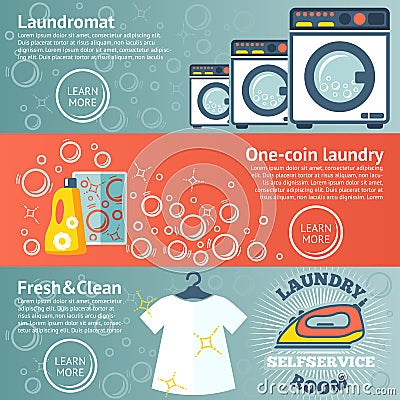 Set of Laundry banners with laundromat, detergents, iron and clothes. Vector Vector Illustration