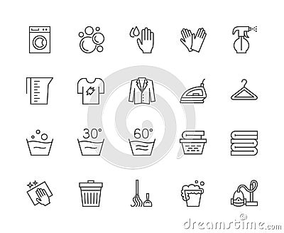 Set of Laundry Line Icons. Washing Machine, Gloves, T-shirt, Hanger and more. Vector Illustration