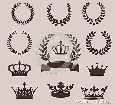 Set of laurel wreaths and crowns. Vintage emblem Vector Illustration