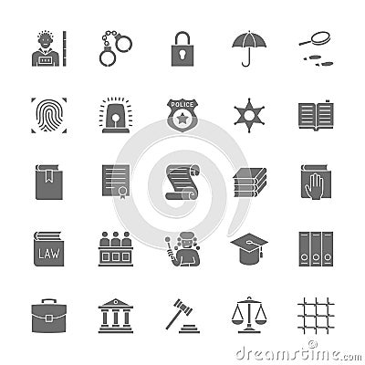 Set of Law and Justice Grey Icons. Criminal, Handcuffs, Libra, Police and more. Vector Illustration