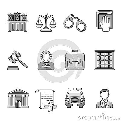 Set of law and justice icons. Black and White outlined icon collection. Judicial system concept. Vector Illustration