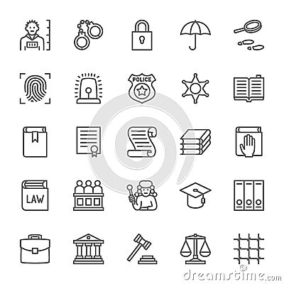 Set of Law and Justice Line Icons. Criminal, Handcuffs, Libra, Police and more. Vector Illustration