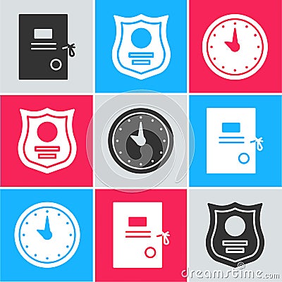 Set Lawsuit paper, Police badge and Clock icon. Vector Vector Illustration