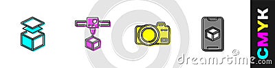 Set Layers, 3D printer cube, Photo camera and software icon. Vector Vector Illustration