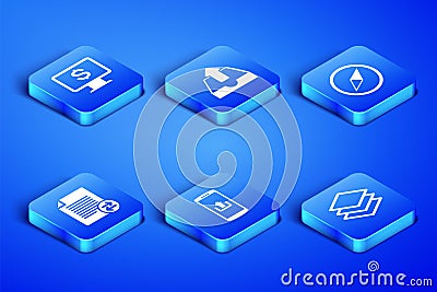 Set Layers, Monitor with dollar, Smartphone upload, Transfer files, Upload inbox and Wind rose icon. Vector Vector Illustration