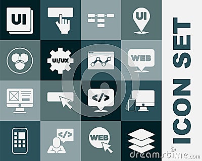 Set Layers, Monitor and mobile, Web graphic design, Site map, UI UX, RGB CMYK color mixing, and Website statistic icon Vector Illustration