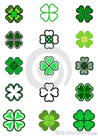 Set leaf clover. Four leaf, silhouettes, stylized in green color Vector Illustration