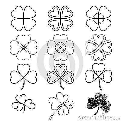 Set leaf clover. Three and Four leaf, silhouettes, hand-drawn, s Vector Illustration