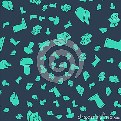 Set Leaf or leaves, Water drop, Mushroom and Waterproof rubber boot on seamless pattern. Vector Vector Illustration