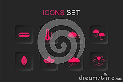 Set Leaf, Thermometer, Homemade pie, Cloud with rain and sun, Mushroom, Chestnut, Hedgehog and icon. Vector Stock Photo