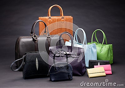 Set of leather handbags Stock Photo