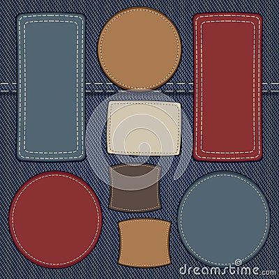 Set of leather labels on denim Vector Illustration