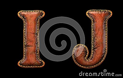 Set of leather letters I, J uppercase. 3D render font with skin texture isolated on black background. Stock Photo