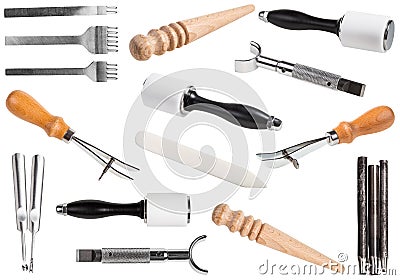 Set of leathercraft tools isolated on white Stock Photo
