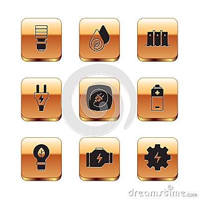 Set LED light bulb, Light with leaf, Check engine, Electric plug, Hydroelectric dam, Gear and lightning and Water energy Vector Illustration