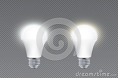 Set of LED light bulbs with cold and warm light, glowing effect Vector Illustration