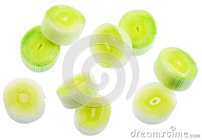 Set of leek slices isolated on white background. File contains clipping paths Stock Photo