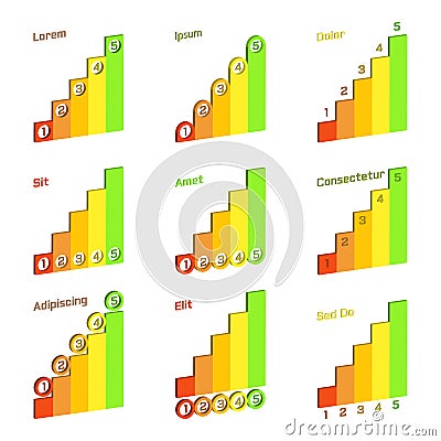 Set of left-sided isometric histogram with place for mark. Volume graphs . Colorful elements for infographics. Vector Vector Illustration