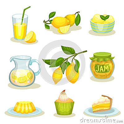 Flat vector set of lemon food and drinks. Bright yellow citrus fruit. Tasty desserts and fresh lemonade Vector Illustration