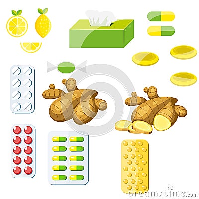 Set of lemon, ginger, pills and lozenges for cough and colds.Vector stock illustration, EPS 10. Vector Illustration
