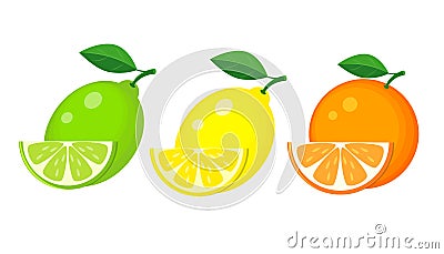 Set of lemon, lime and orange with slices and green leaf. Vector Vector Illustration