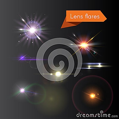 Set of lens flares and glowing colorful flash elements Vector Illustration