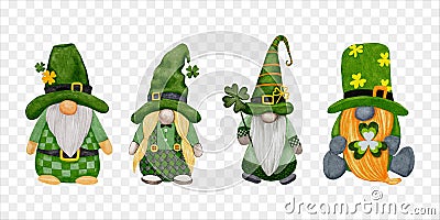 Set leprechaun with four leaves clovers on transparent background, Cute elements for St Patrick day greeting card,Gnomes with Vector Illustration