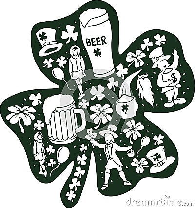 Set with leprechauns dansing girls beer and clover Vector Illustration