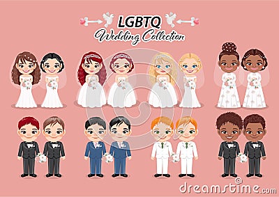 Set of Lesbian and Gay Newlywed Couples Flat illustration, LGBTQ Wedding Collection, Marriage Concept Vector Vector Illustration