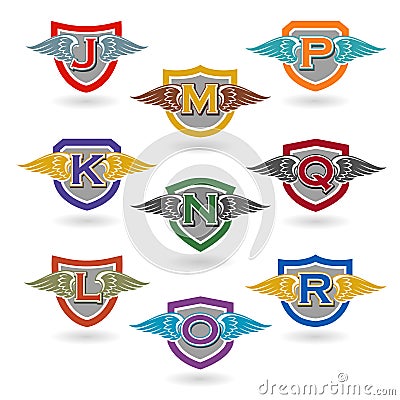 Set of letter badges with wings for logos, t-shirts, school or club crests Vector Illustration