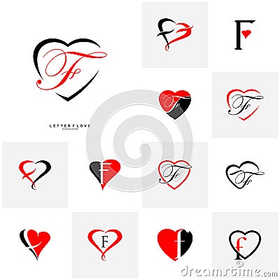 Set of Letter F heart logo icon design template elements. Initial F with Love logo concepts - Vector Vector Illustration