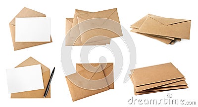 Set with letter in kraft envelopes on white background Stock Photo