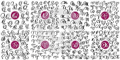 Set letter Q, R, S, T, U, V, W, X Hand drawn vector flourish calligraphy. Script font. Isolated letters written with ink Vector Illustration