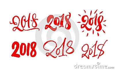 Set of 2018 lettering. Hand drawn 2018 year calligraphy numbers. Red on white. Modern style collection Vector Illustration