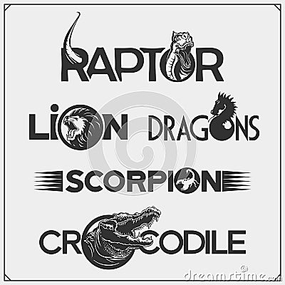 Set of lettering logos with animals. Lion, scorpion, dragon, dinosaur and crocodile. Print design for t-shirt. Vector Illustration