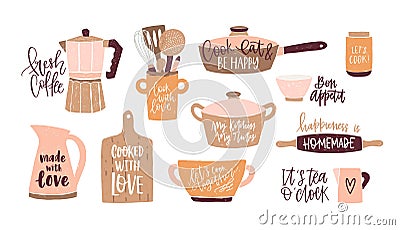 Set of lettering written with cursive font and decorated with cookware, kitchen utensils for home cooking and tools for Vector Illustration