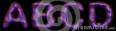 Set of letters A, B, C, D made of realistic 3d render natural purple snake skin texture. Stock Photo