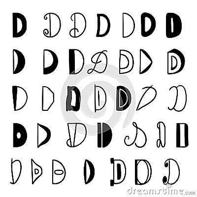 Set of letters D in different styles. Hand drawn lettering. Isolated on white background. Vector Illustration