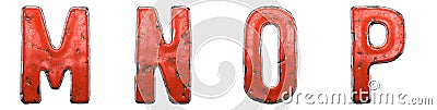 Set of letters M, N, O, P made of red painted metal isolated on white background. 3d Stock Photo