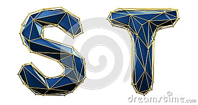 Set of letters S, T made of realistic 3d render blue color. Collection of low polly style alphabet isolated on white Stock Photo