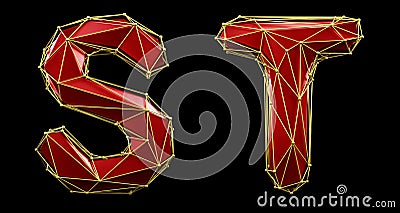 Set of letters S, T made of realistic 3d render red color. Collection of low polly style alphabet isolated on black Stock Photo