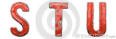 Set of letters S, T, U made of red painted metal isolated on white background. 3d Stock Photo